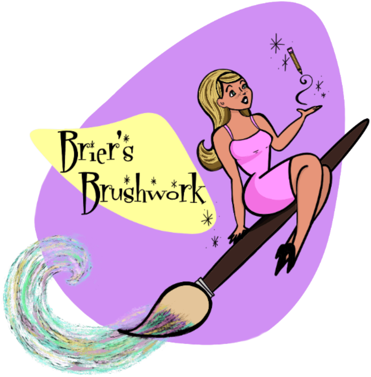 Brier's Brushwork โ a painter riding a giant paintbrush leaving a rainbow swirl